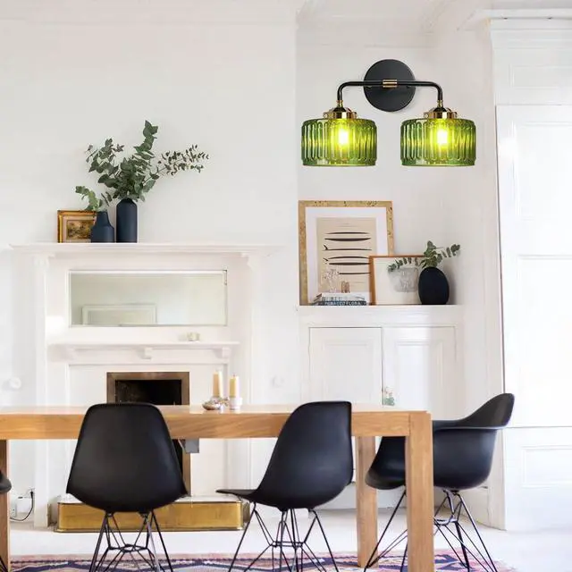 Alt view image 5 of 7 - Bathroom Light fixtures Mid Century Wall Sconce 2-Lights with Green Striped Shade Glass Wall Mount Light Modern Vanity Lights for Over Mirror Bedroom Hallway Overhead