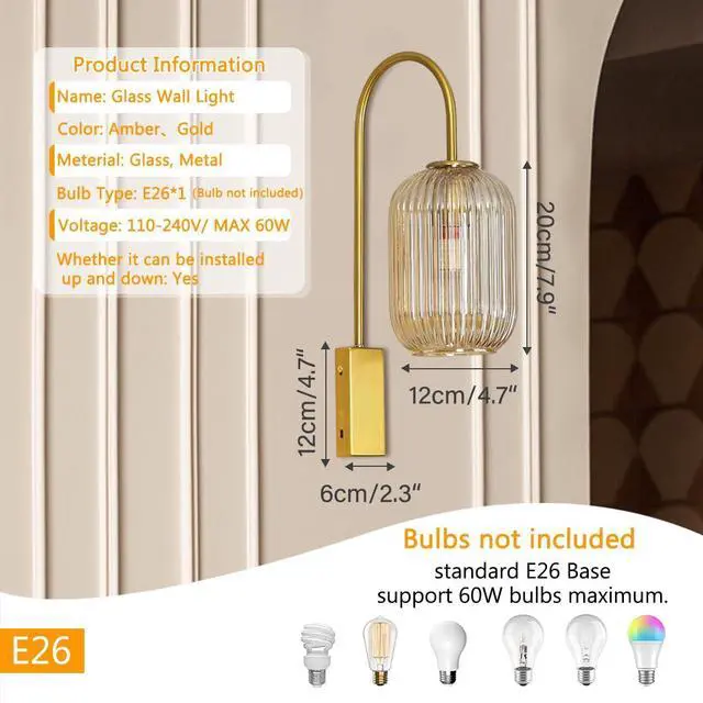 Alt view image 2 of 7 - 1-Light Bathroom Vanity Light fixtures Glass Globe Wall Sconce Lights Gold Wall Mount Light with Amber Glass Shade Mid Century Modern Wall Sconce for Over Mirror Bedroom Hallway