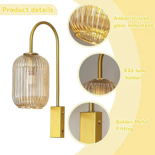 Alt view image 4 of 7 - 1-Light Bathroom Vanity Light fixtures Glass Globe Wall Sconce Lights Gold Wall Mount Light with Amber Glass Shade Mid Century Modern Wall Sconce for Over Mirror Bedroom Hallway