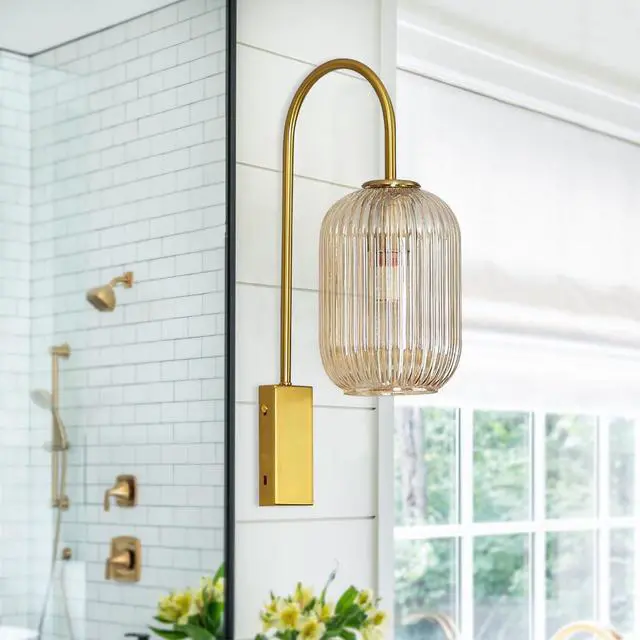 Alt view image 6 of 7 - 1-Light Bathroom Vanity Light fixtures Glass Globe Wall Sconce Lights Gold Wall Mount Light with Amber Glass Shade Mid Century Modern Wall Sconce for Over Mirror Bedroom Hallway