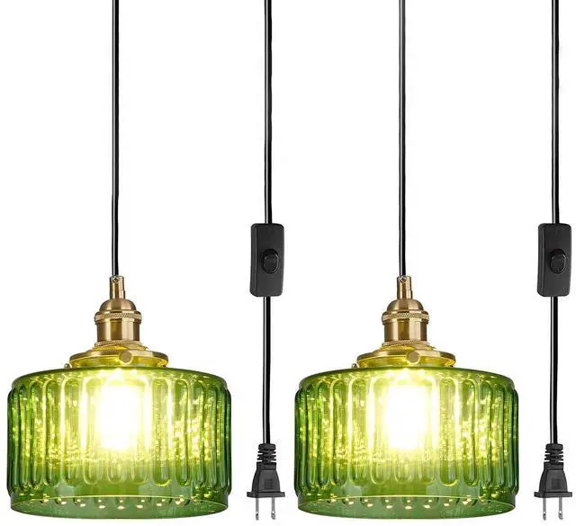 Main image of Vintage Plug in Pendant Light Fixture - Small Green Striped Glass Shade Adjustable Modern Hanging Lamp with Plug in Cord On/Off Switch Swag Pendant Lights for Kitchen Living Room
