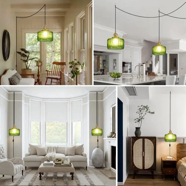 Alt view image 4 of 7 - Vintage Plug in Pendant Light Fixture - Small Green Striped Glass Shade Adjustable Modern Hanging Lamp with Plug in Cord On/Off Switch Swag Pendant Lights for Kitchen Living Room