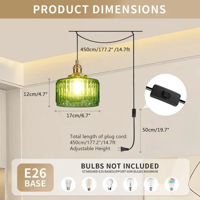 Alt view image 2 of 7 - Vintage Plug in Pendant Light Fixture - Small Green Striped Glass Shade Adjustable Modern Hanging Lamp with Plug in Cord On/Off Switch Swag Pendant Lights for Kitchen Living Room