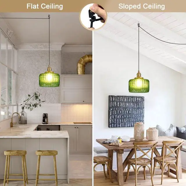 Alt view image 6 of 7 - Vintage Plug in Pendant Light Fixture - Small Green Striped Glass Shade Adjustable Modern Hanging Lamp with Plug in Cord On/Off Switch Swag Pendant Lights for Kitchen Living Room