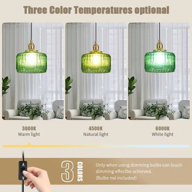 Alt view image 5 of 7 - Vintage Plug in Pendant Light Fixture - Small Green Striped Glass Shade Adjustable Modern Hanging Lamp with Plug in Cord On/Off Switch Swag Pendant Lights for Kitchen Living Room