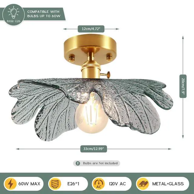 Alt view image 2 of 7 - 2-Pack Vintage Flush Mount Ceiling Light Mid Century Modern Light Fixtures Dark Green Flower Glass Shade Gold Brass Ceiling Lamp Semi Flush Mount Light Fixture for Hallway Bedroom