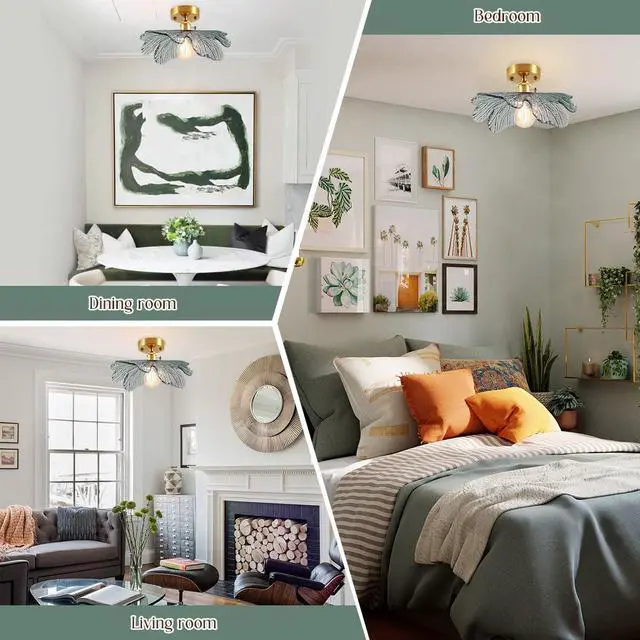 Alt view image 6 of 7 - 2-Pack Vintage Flush Mount Ceiling Light Mid Century Modern Light Fixtures Dark Green Flower Glass Shade Gold Brass Ceiling Lamp Semi Flush Mount Light Fixture for Hallway Bedroom