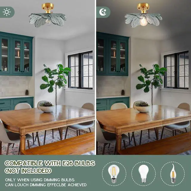 Alt view image 4 of 7 - 2-Pack Vintage Flush Mount Ceiling Light Mid Century Modern Light Fixtures Dark Green Flower Glass Shade Gold Brass Ceiling Lamp Semi Flush Mount Light Fixture for Hallway Bedroom