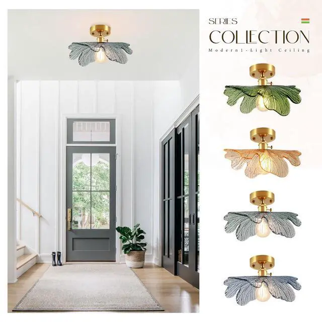 Alt view image 7 of 7 - 2-Pack Vintage Flush Mount Ceiling Light Mid Century Modern Light Fixtures Dark Green Flower Glass Shade Gold Brass Ceiling Lamp Semi Flush Mount Light Fixture for Hallway Bedroom