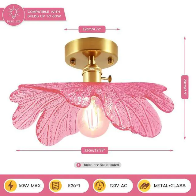Alt view image 2 of 7 - Pink Flush Mount Ceiling Light - Flower Glass Shade Mid Century Modern Ceiling Light Fixtures Gold Brass Close to Lamp Vintage Semi Flush Mount Light Fixture for Hallway Closet Bedroom