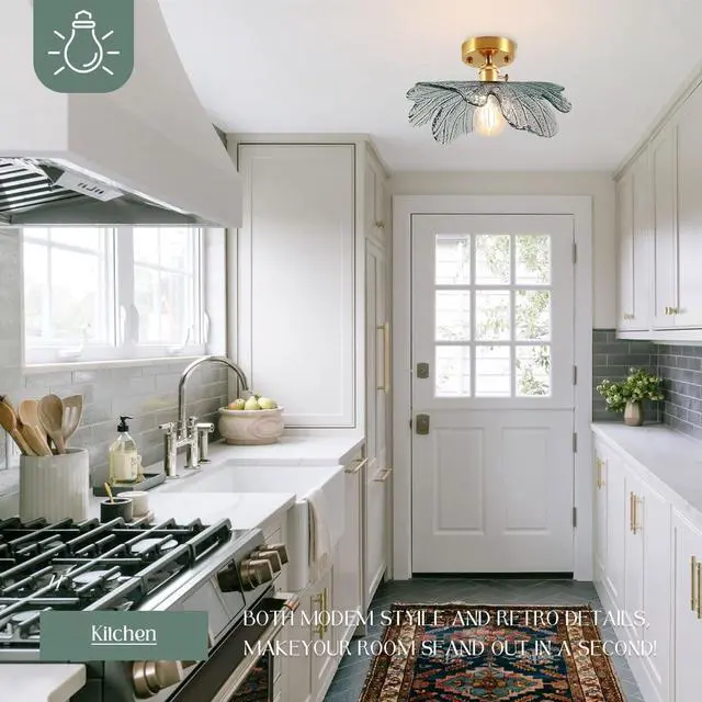 Alt view image 5 of 7 - 2-Pack Vintage Flush Mount Ceiling Light Mid Century Modern Light Fixtures Dark Green Flower Glass Shade Gold Brass Ceiling Lamp Semi Flush Mount Light Fixture for Hallway Bedroom