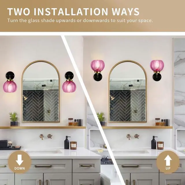 Alt view image 4 of 7 - 3-Pack Ribbed Glass Sconces Purple Wall Light Pumpkin Vanity Lights | Mid Century Modern Bathroom Sconce Art Deco Vanity Light 15cm/5.9 Globe Shade Black Gold Fixture Mirror Bedroom Doorway Bath