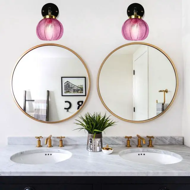 Alt view image 6 of 7 - 3-Pack Ribbed Glass Sconces Purple Wall Light Pumpkin Vanity Lights | Mid Century Modern Bathroom Sconce Art Deco Vanity Light 15cm/5.9 Globe Shade Black Gold Fixture Mirror Bedroom Doorway Bath