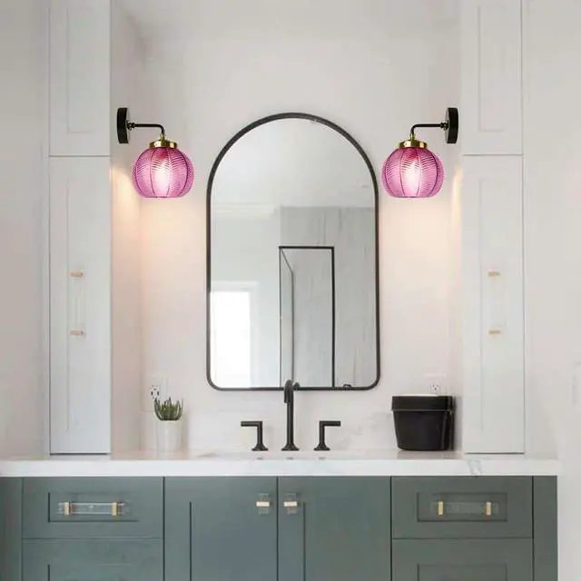 Alt view image 7 of 7 - 3-Pack Ribbed Glass Sconces Purple Wall Light Pumpkin Vanity Lights | Mid Century Modern Bathroom Sconce Art Deco Vanity Light 15cm/5.9 Globe Shade Black Gold Fixture Mirror Bedroom Doorway Bath