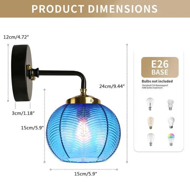 Alt view image 2 of 7 - Bathroom Vanity Light Globe Wall Sconce Vintage Mid Century Art Deco with Blue Ribbed Glass Shade Gold Black Vanity Lights Fixtures for Mirror Kitchen Living Room Bedroom Hallway