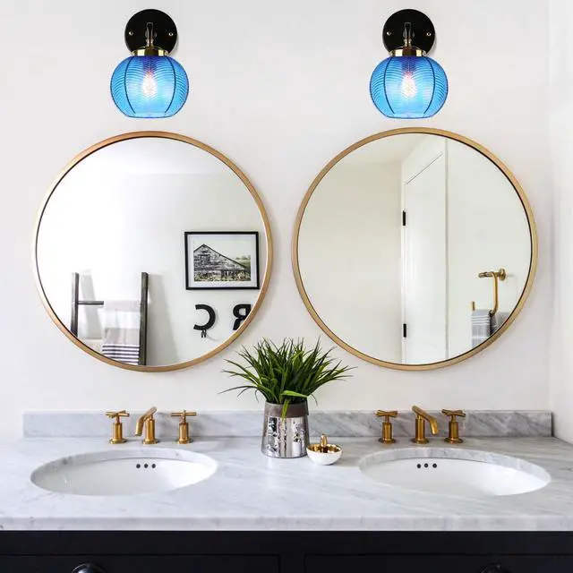 Alt view image 4 of 7 - Bathroom Vanity Light Globe Wall Sconce Vintage Mid Century Art Deco with Blue Ribbed Glass Shade Gold Black Vanity Lights Fixtures for Mirror Kitchen Living Room Bedroom Hallway