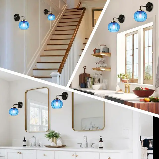 Alt view image 5 of 7 - Bathroom Vanity Light Globe Wall Sconce Vintage Mid Century Art Deco with Blue Ribbed Glass Shade Gold Black Vanity Lights Fixtures for Mirror Kitchen Living Room Bedroom Hallway