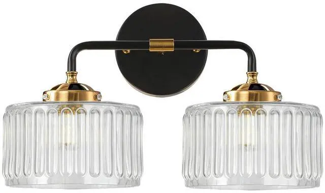 Main image of Mid Century Modern Wall Sconce Clear Glass 6.7" Shade Striped Glass Bathroom Vanity Lights Vintage Style Brushed Finish Black Gold Wall Mount Light for Living Room, Bedroom, Hallway