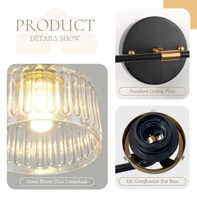 Alt view image 3 of 7 - Mid Century Modern Wall Sconce Clear Glass 6.7" Shade Striped Glass Bathroom Vanity Lights Vintage Style Brushed Finish Black Gold Wall Mount Light for Living Room, Bedroom, Hallway