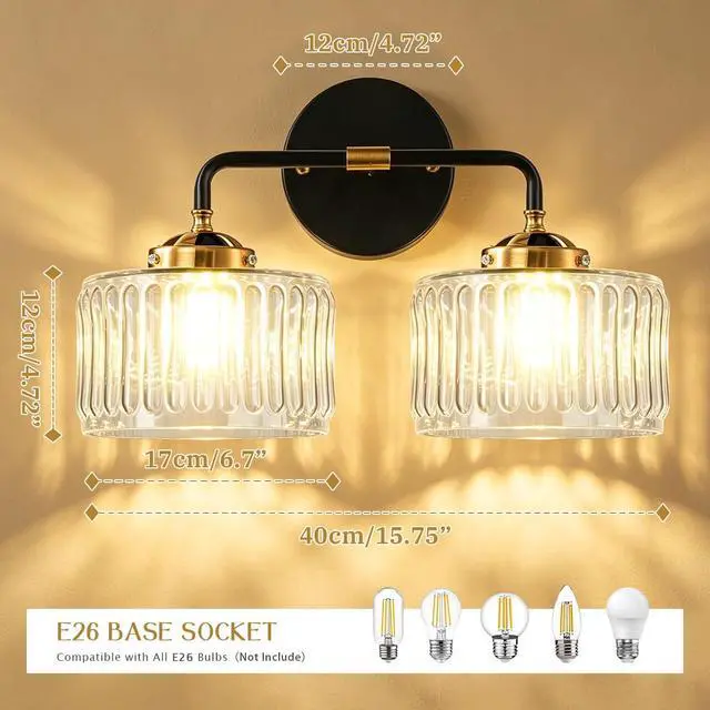 Alt view image 2 of 7 - Mid Century Modern Wall Sconce Clear Glass 6.7" Shade Striped Glass Bathroom Vanity Lights Vintage Style Brushed Finish Black Gold Wall Mount Light for Living Room, Bedroom, Hallway