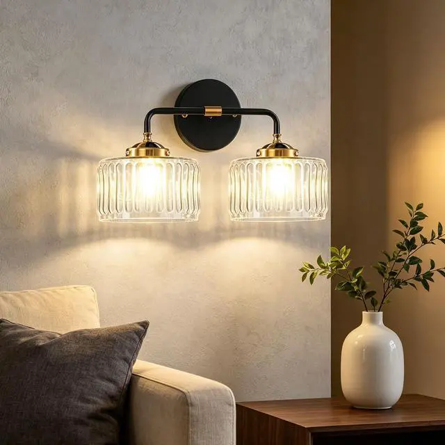 Alt view image 4 of 7 - Mid Century Modern Wall Sconce Clear Glass 6.7" Shade Striped Glass Bathroom Vanity Lights Vintage Style Brushed Finish Black Gold Wall Mount Light for Living Room, Bedroom, Hallway
