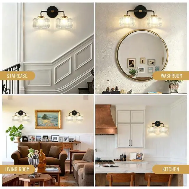 Alt view image 7 of 7 - Mid Century Modern Wall Sconce Clear Glass 6.7" Shade Striped Glass Bathroom Vanity Lights Vintage Style Brushed Finish Black Gold Wall Mount Light for Living Room, Bedroom, Hallway