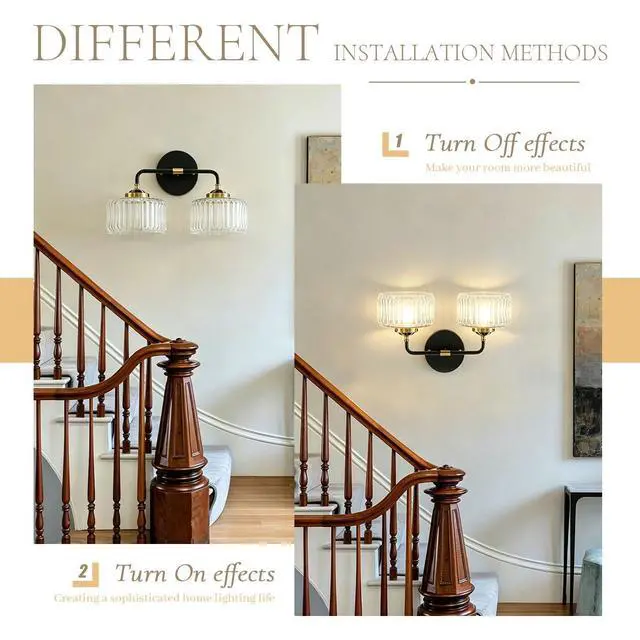 Alt view image 6 of 7 - Mid Century Modern Wall Sconce Clear Glass 6.7" Shade Striped Glass Bathroom Vanity Lights Vintage Style Brushed Finish Black Gold Wall Mount Light for Living Room, Bedroom, Hallway