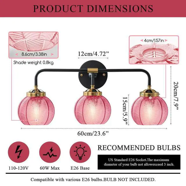 Alt view image 2 of 7 - Glass Bathroom Vanity Light Red Ribbed Glass Wall Light Fixtures 3-Light 23.6 Inch Mid Century Bathroom Lights Fixture Globe Vanity Lamp Over Mirror Wall Sconce for Bedroom Hallway