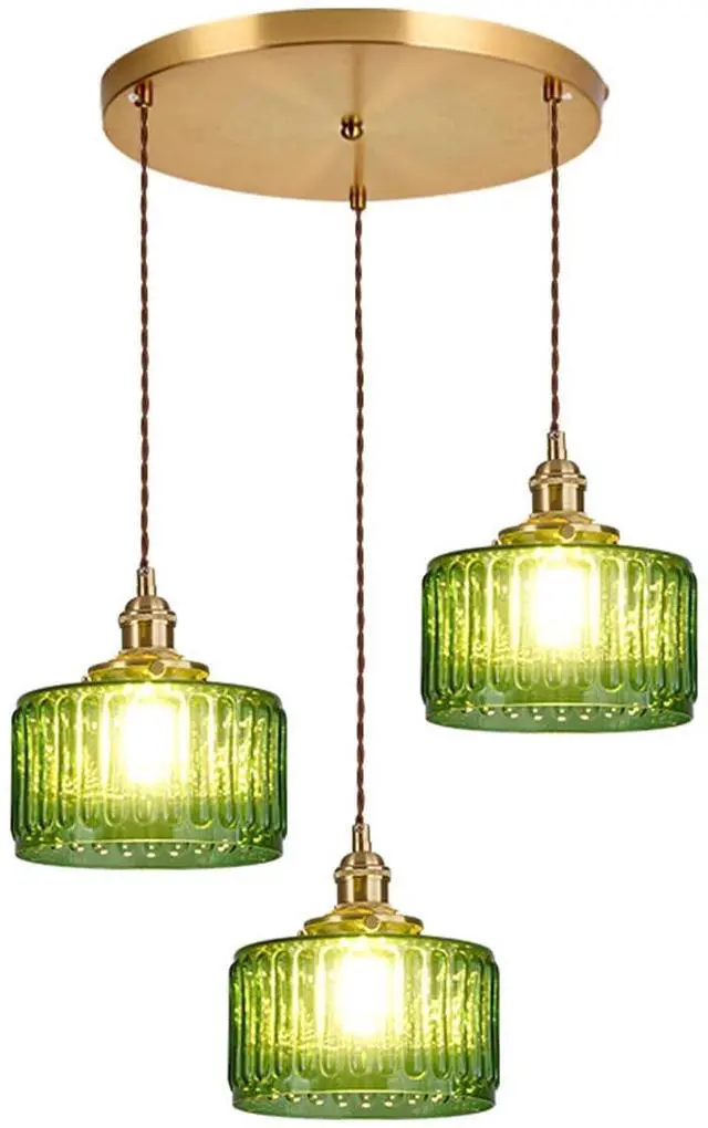 Main image of 3-Light Modern Chandelier Pendant Light - Mid Century Sputnik Glass Globe With Green Striped Shade, Gold Adjustable Ceiling Lamp for Dining Room