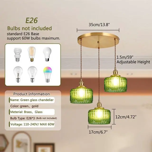 Alt view image 2 of 7 - 3-Light Modern Chandelier Pendant Light - Mid Century Sputnik Glass Globe With Green Striped Shade, Gold Adjustable Ceiling Lamp for Dining Room