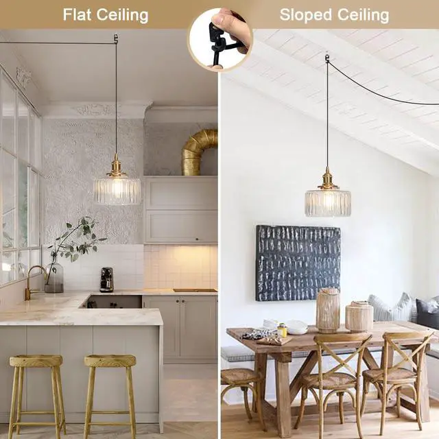 Alt view image 3 of 7 - Plug in Pendant Light Clear Glass Striped Pendant Light Fixtures Vintage Glass Hanging Lighting 1-Light with Plug in Cord Mid Century Modern Hanging Lights for Kitchen Island Living Room
