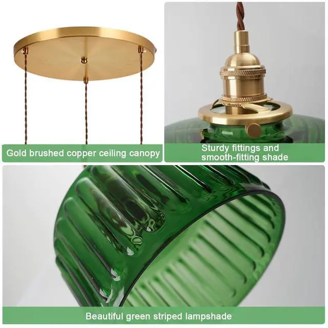 Alt view image 7 of 7 - 3-Light Modern Chandelier Pendant Light - Mid Century Sputnik Glass Globe With Green Striped Shade, Gold Adjustable Ceiling Lamp for Dining Room