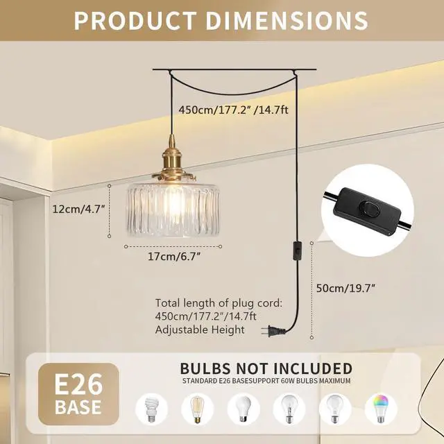 Alt view image 2 of 7 - Plug in Pendant Light Clear Glass Striped Pendant Light Fixtures Vintage Glass Hanging Lighting 1-Light with Plug in Cord Mid Century Modern Hanging Lights for Kitchen Island Living Room