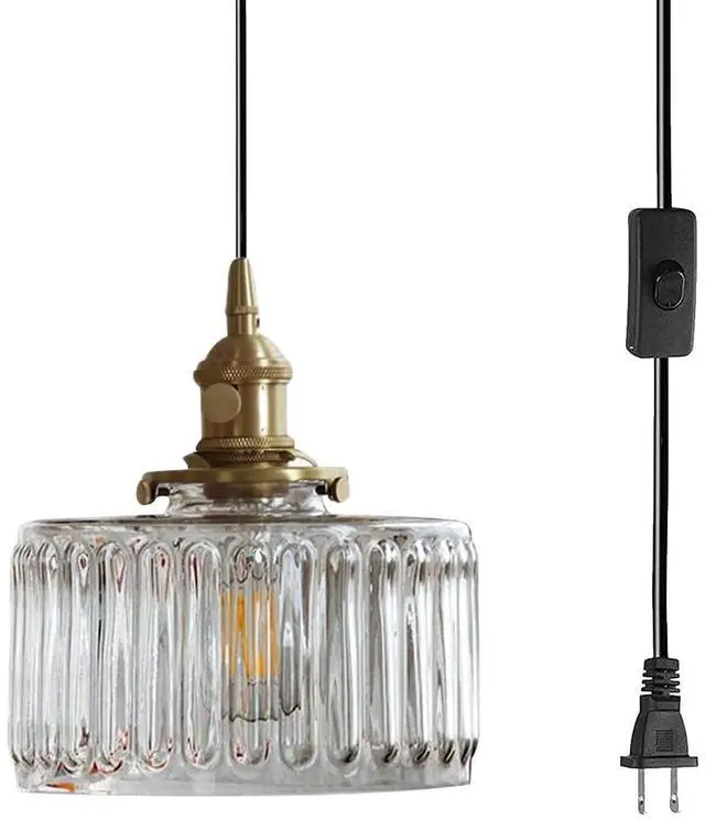 Main image of Plug in Pendant Light Clear Glass Striped Pendant Light Fixtures Vintage Glass Hanging Lighting 1-Light with Plug in Cord Mid Century Modern Hanging Lights for Kitchen Island Living Room