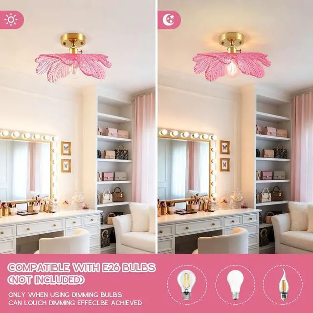 Alt view image 4 of 7 - Pink Flush Mount Ceiling Light - Flower Glass Shade Mid Century Modern Ceiling Light Fixtures Gold Brass Close to Lamp Vintage Semi Flush Mount Light Fixture for Hallway Closet Bedroom