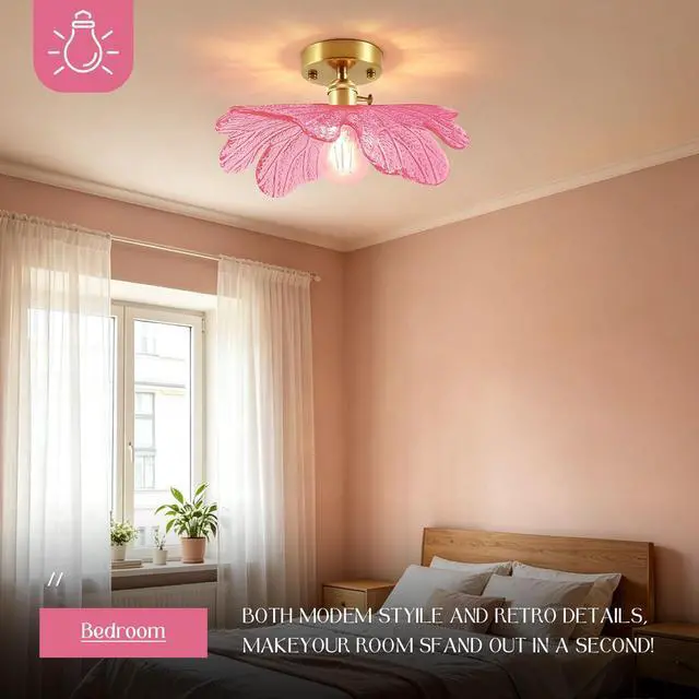 Alt view image 5 of 7 - Pink Flush Mount Ceiling Light - Flower Glass Shade Mid Century Modern Ceiling Light Fixtures Gold Brass Close to Lamp Vintage Semi Flush Mount Light Fixture for Hallway Closet Bedroom