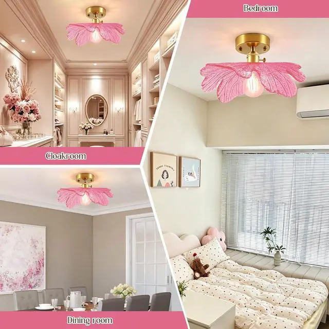 Alt view image 6 of 7 - Pink Flush Mount Ceiling Light - Flower Glass Shade Mid Century Modern Ceiling Light Fixtures Gold Brass Close to Lamp Vintage Semi Flush Mount Light Fixture for Hallway Closet Bedroom