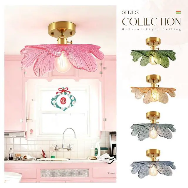 Alt view image 7 of 7 - Pink Flush Mount Ceiling Light - Flower Glass Shade Mid Century Modern Ceiling Light Fixtures Gold Brass Close to Lamp Vintage Semi Flush Mount Light Fixture for Hallway Closet Bedroom