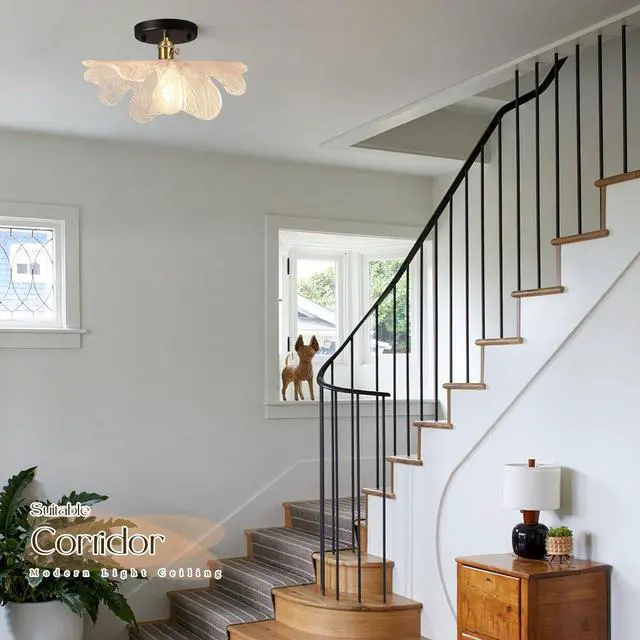 Alt view image 5 of 7 - Close to Ceiling Light Glass Flush Mount Ceiling Lights 12.99 Clear Flower Shade Mid Century Modern Flush Mount Glass Lamp for Stairway Garage Hallway Bedroom Kitchen Decor Lighting
