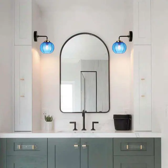 Alt view image 7 of 7 - Bathroom Vanity Light Globe Wall Sconce Vintage Mid Century Art Deco with Blue Ribbed Glass Shade Gold Black Vanity Lights Fixtures for Mirror Kitchen Living Room Bedroom Hallway