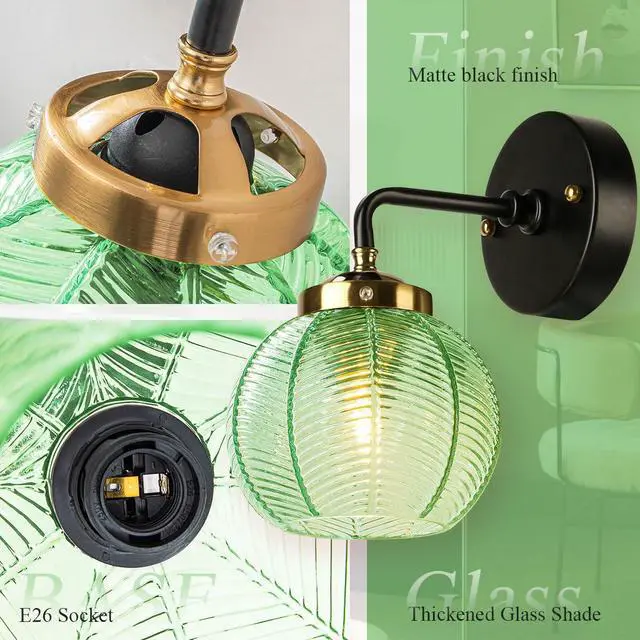 Alt view image 3 of 7 - 1 Light Bathroom Vanity Light Mid Century Modern Wall Sconce Emerald Green Ribbed Glass Shade Black Matte Bathroom Above Mirror Lights Swanky Boho Vanity Lighting fixtures Farmhouse