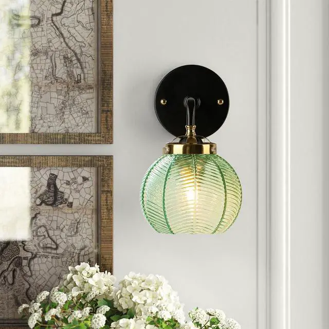Alt view image 4 of 7 - 1 Light Bathroom Vanity Light Mid Century Modern Wall Sconce Emerald Green Ribbed Glass Shade Black Matte Bathroom Above Mirror Lights Swanky Boho Vanity Lighting fixtures Farmhouse