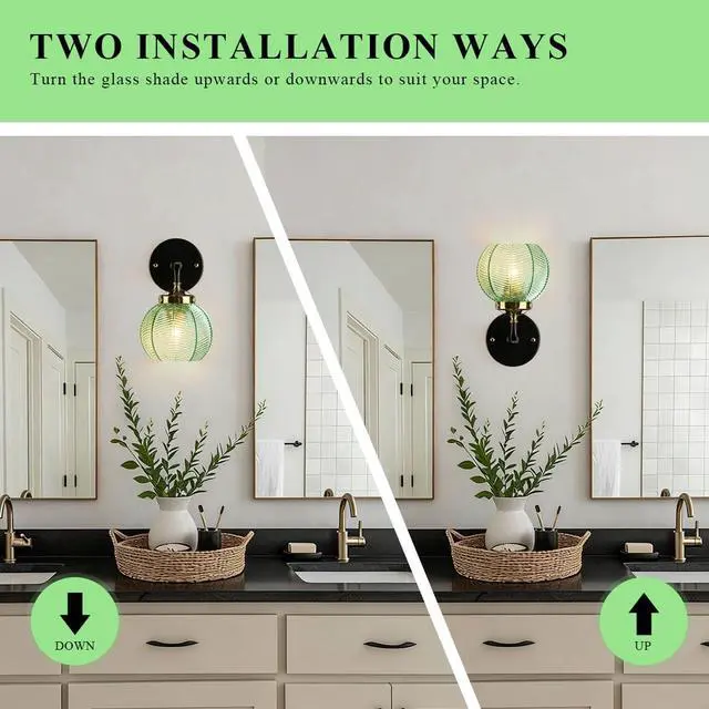 Alt view image 5 of 7 - 1 Light Bathroom Vanity Light Mid Century Modern Wall Sconce Emerald Green Ribbed Glass Shade Black Matte Bathroom Above Mirror Lights Swanky Boho Vanity Lighting fixtures Farmhouse