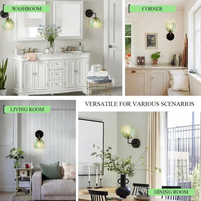 Alt view image 7 of 7 - 1 Light Bathroom Vanity Light Mid Century Modern Wall Sconce Emerald Green Ribbed Glass Shade Black Matte Bathroom Above Mirror Lights Swanky Boho Vanity Lighting fixtures Farmhouse