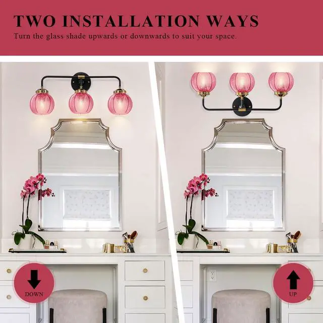 Alt view image 5 of 7 - Glass Bathroom Vanity Light Red Ribbed Glass Wall Light Fixtures 3-Light 23.6 Inch Mid Century Bathroom Lights Fixture Globe Vanity Lamp Over Mirror Wall Sconce for Bedroom Hallway