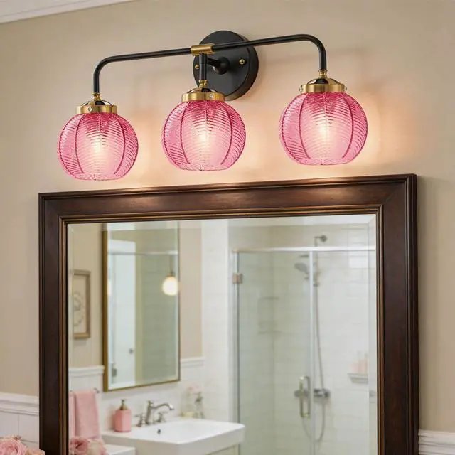 Alt view image 4 of 7 - Glass Bathroom Vanity Light Red Ribbed Glass Wall Light Fixtures 3-Light 23.6 Inch Mid Century Bathroom Lights Fixture Globe Vanity Lamp Over Mirror Wall Sconce for Bedroom Hallway