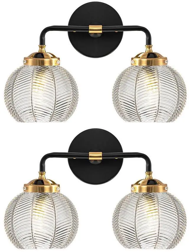 Main image of Mid Century Modern Wall Sconce Bathroom Light fixtures 2 Light Ribbed Globe Sconces Vanity Lighting Fixture Black and Gold Vanity Lights Double Wall sconces with Clear Glass Shades