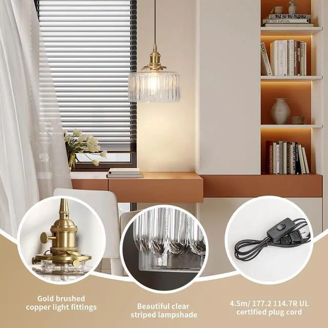 Alt view image 4 of 7 - Plug in Pendant Light Clear Glass Striped Pendant Light Fixtures Vintage Glass Hanging Lighting 1-Light with Plug in Cord Mid Century Modern Hanging Lights for Kitchen Island Living Room