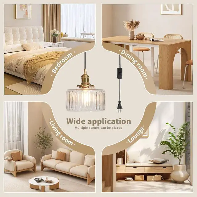 Alt view image 5 of 7 - Plug in Pendant Light Clear Glass Striped Pendant Light Fixtures Vintage Glass Hanging Lighting 1-Light with Plug in Cord Mid Century Modern Hanging Lights for Kitchen Island Living Room