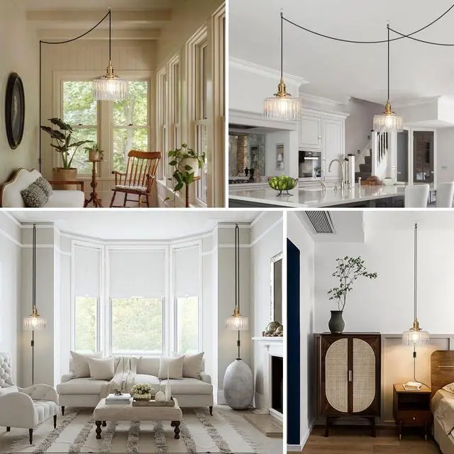 Alt view image 6 of 7 - Plug in Pendant Light Clear Glass Striped Pendant Light Fixtures Vintage Glass Hanging Lighting 1-Light with Plug in Cord Mid Century Modern Hanging Lights for Kitchen Island Living Room